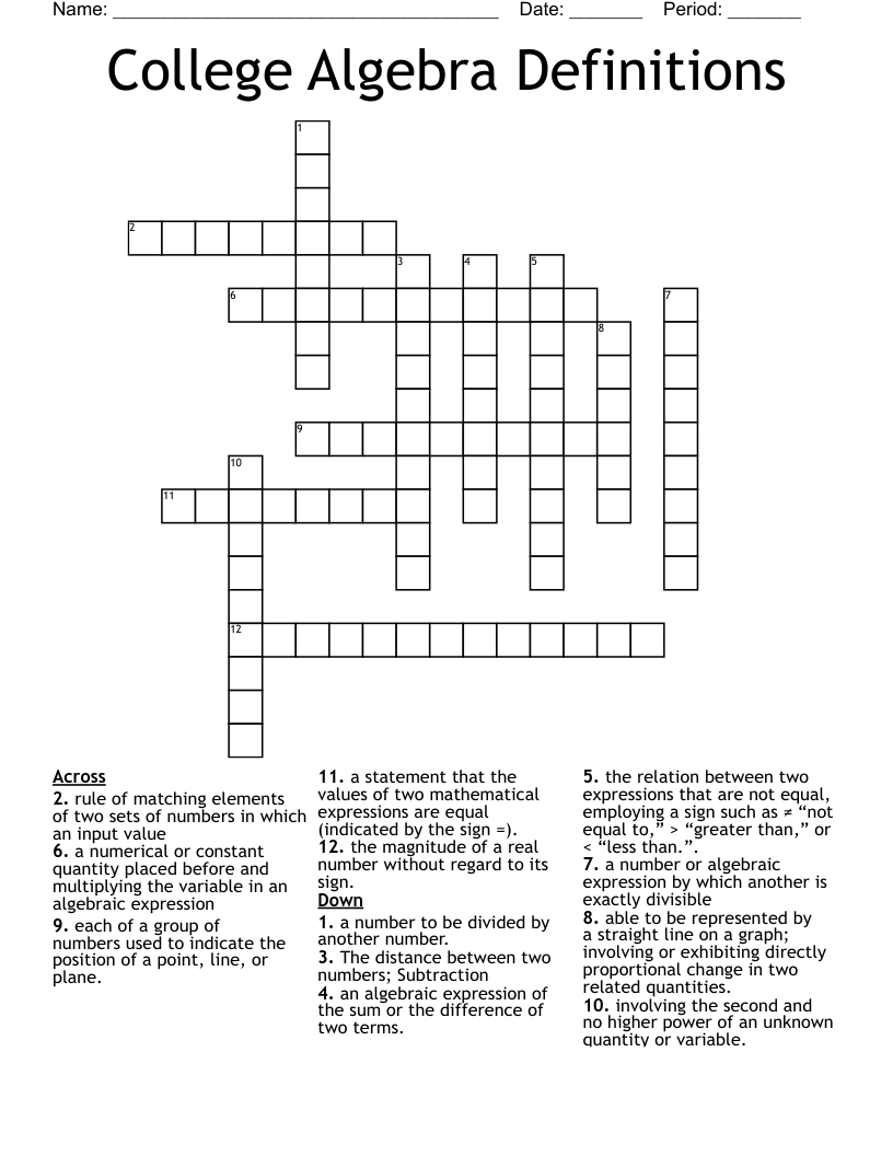 College Algebra Definitions  Crossword