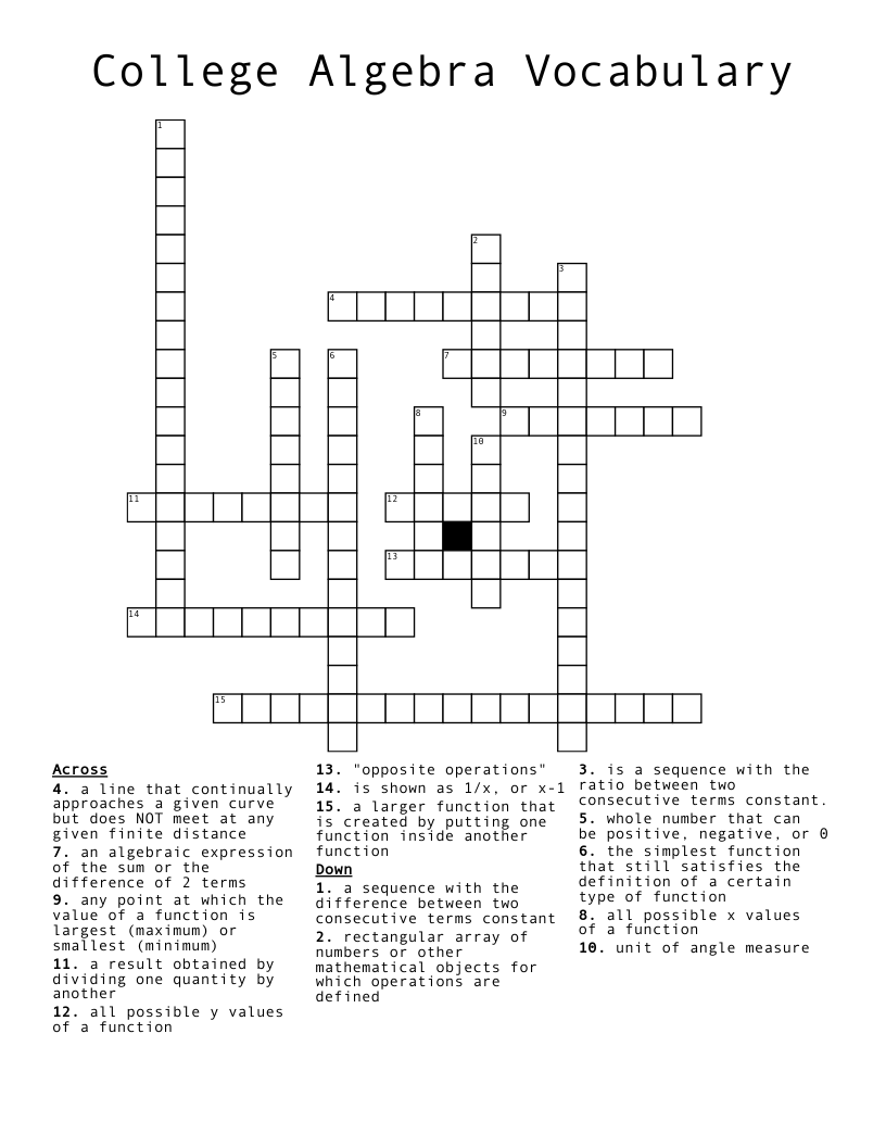 College Algebra Vocabulary Crossword
