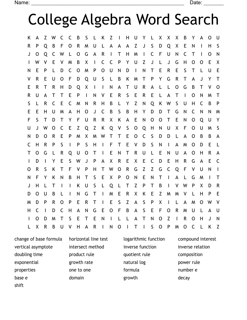 College Algebra Word Search 