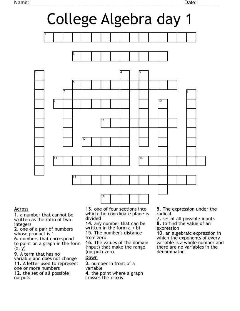 College Algebra day 1  Crossword