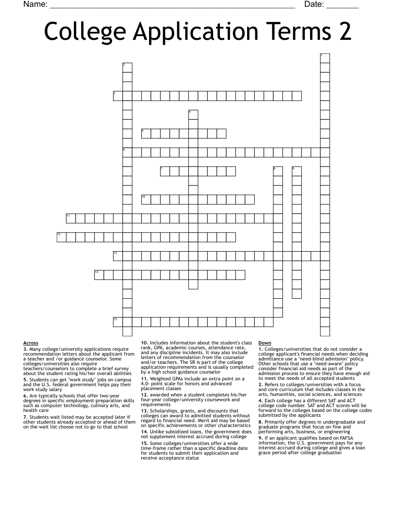 College Application Terms 2 Crossword