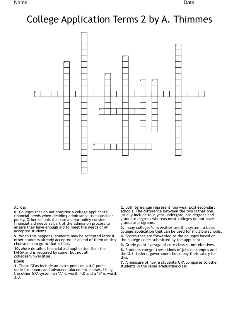 College Application Terms 2 by A. Thimmes  Crossword