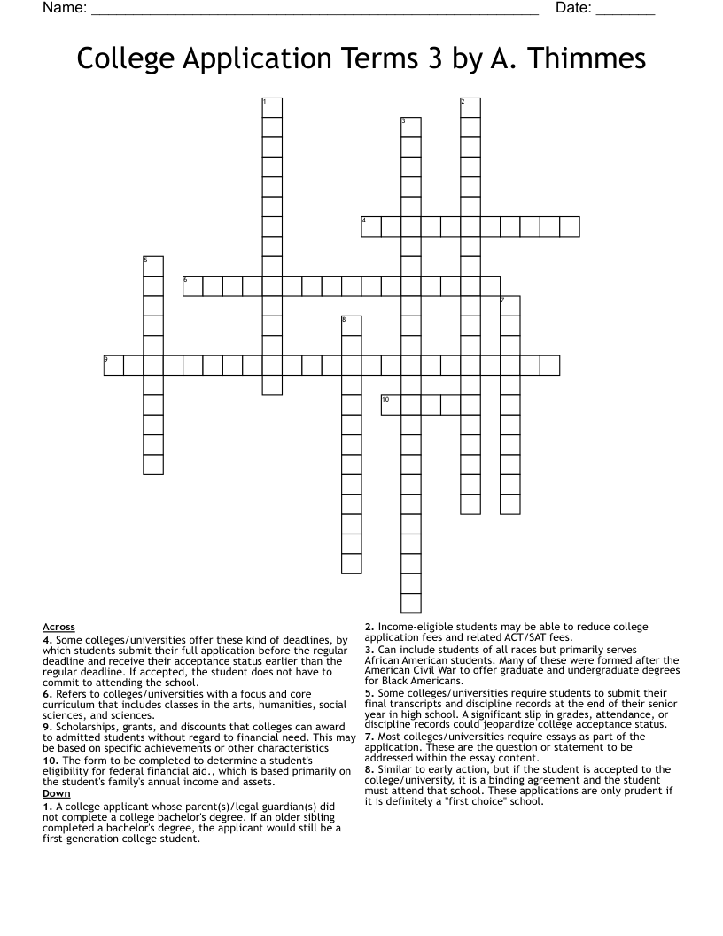 College Application Terms 3 by A. Thimmes Crossword