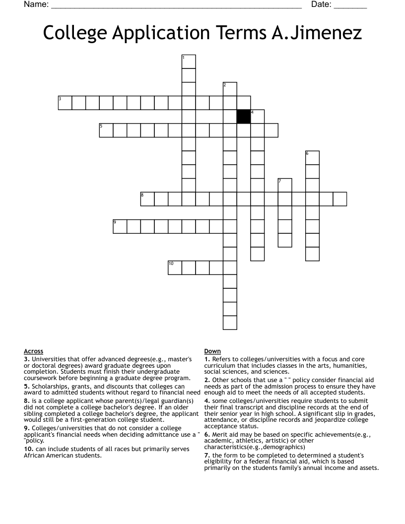 College Application Terms A.Jimenez Crossword
