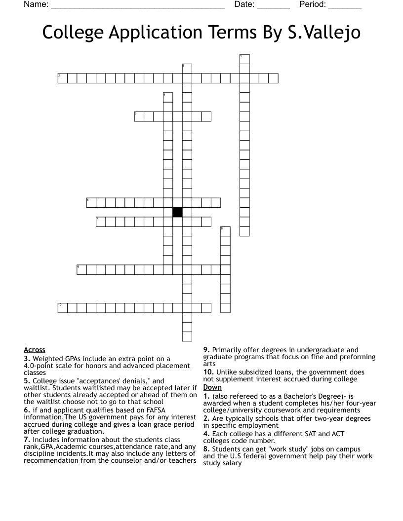 College Application Terms By S.Vallejo Crossword