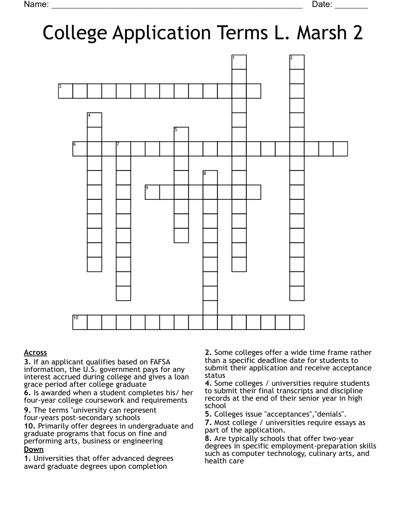 College Application Terms L. Marsh 2 Crossword