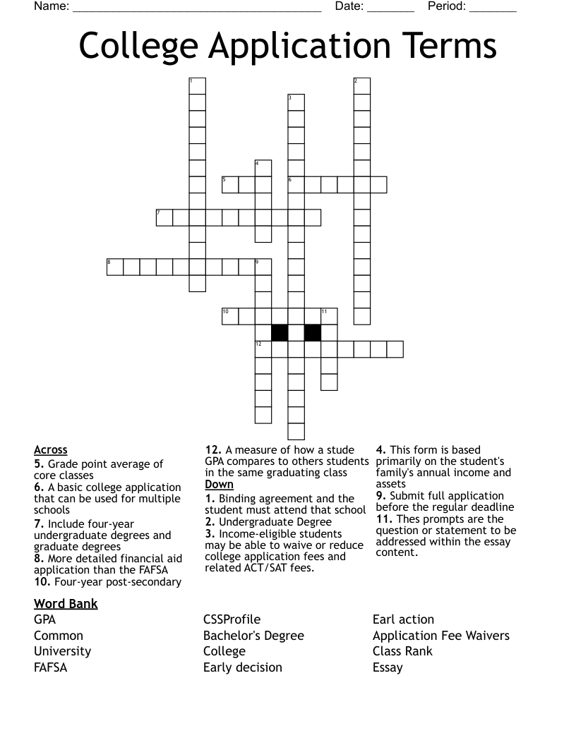 College Application Terms  Crossword