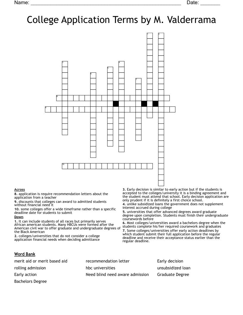 College Application Terms  by M. Valderrama Crossword