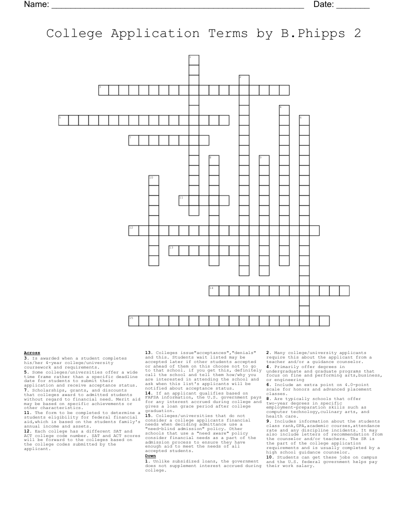 College Application Terms by B.Phipps 2  Crossword