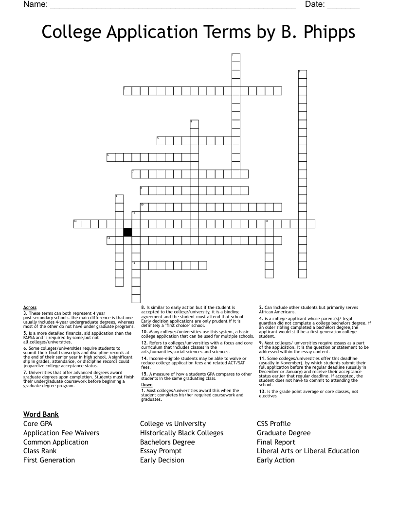 College Application Terms by B. Phipps Crossword