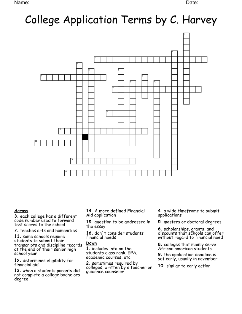 College Application Terms by C. Harvey Crossword