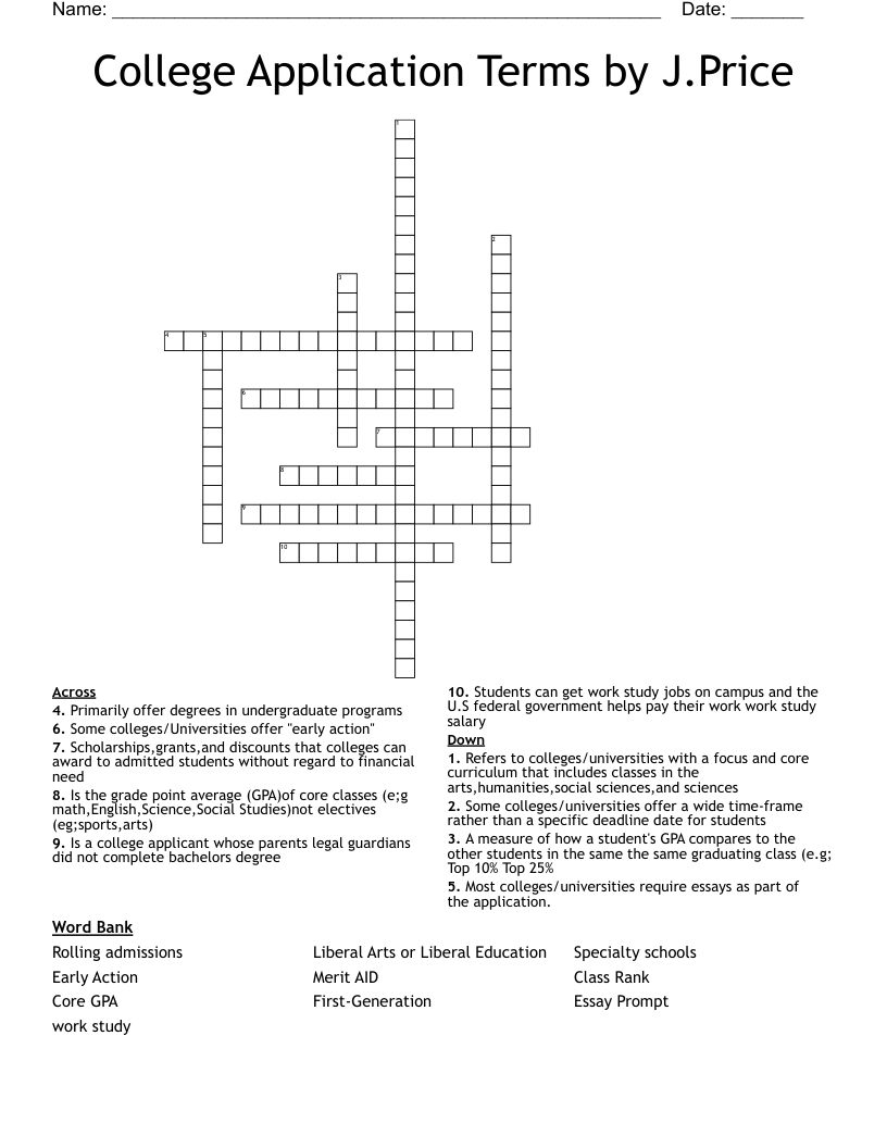 College Application Terms by J.Price Crossword