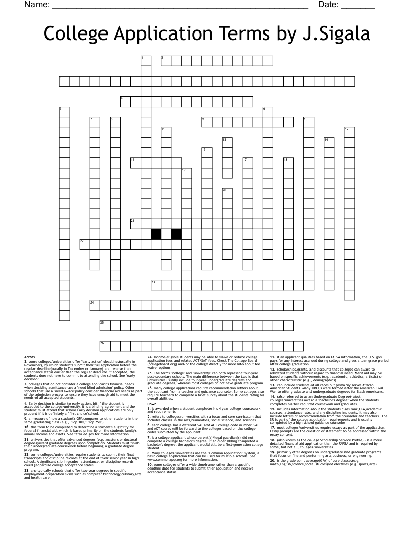 College Application Terms by J.Sigala Crossword