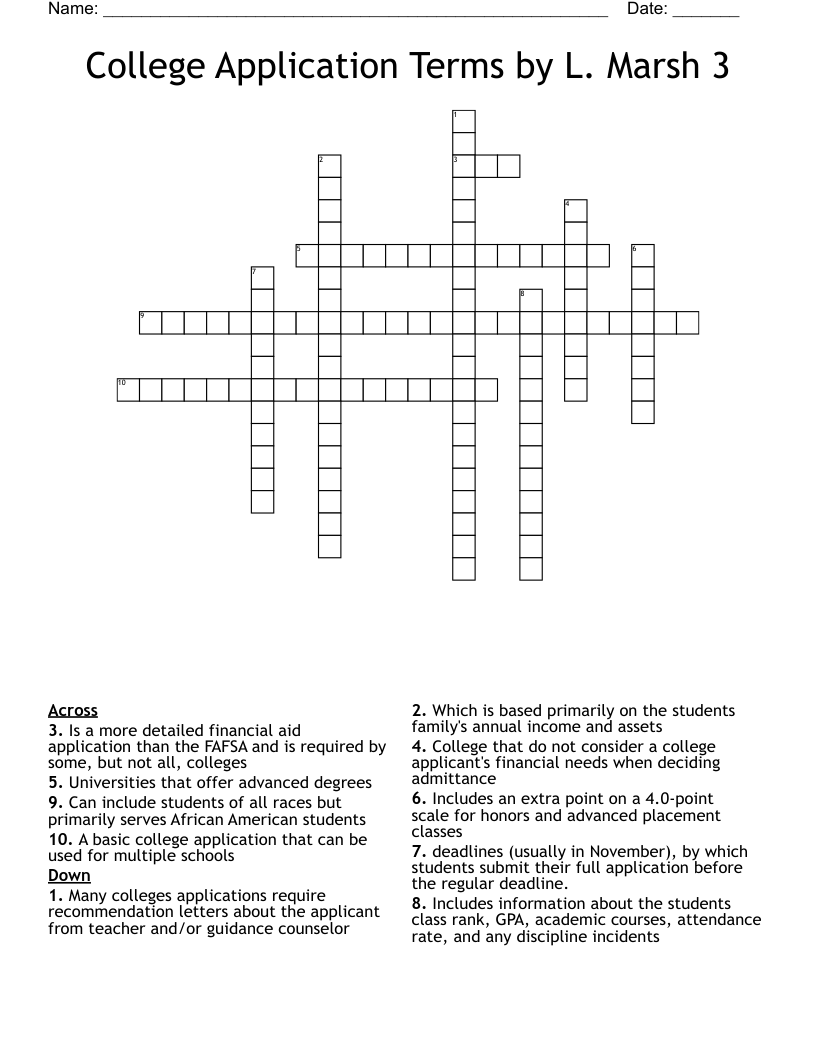 College Application Terms by L. Marsh 3 Crossword