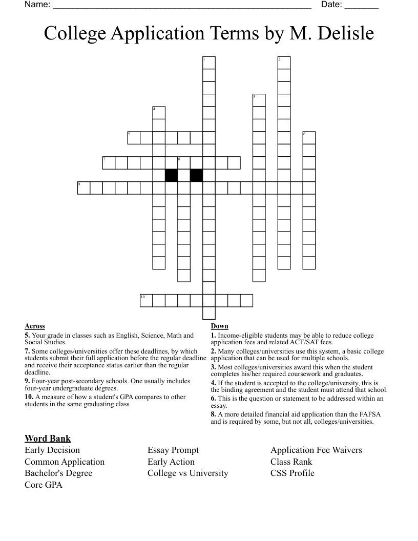 College Application Terms by M. Delisle Crossword