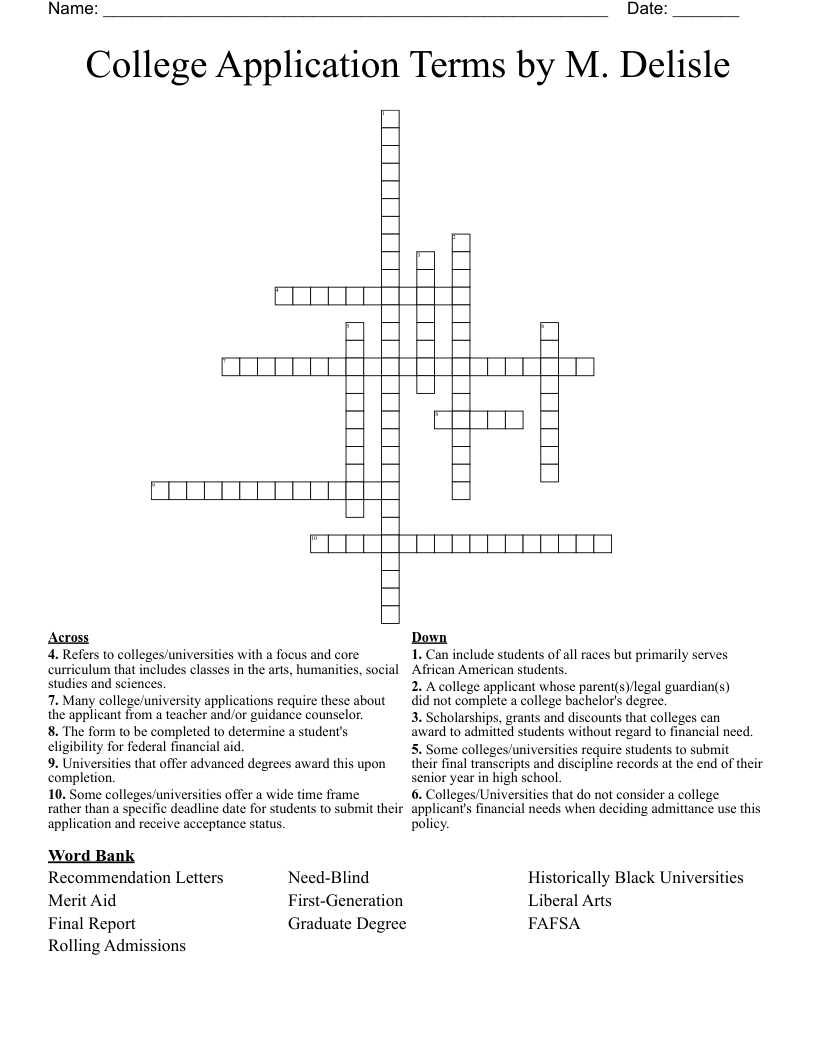 College Application Terms by M. Delisle Crossword
