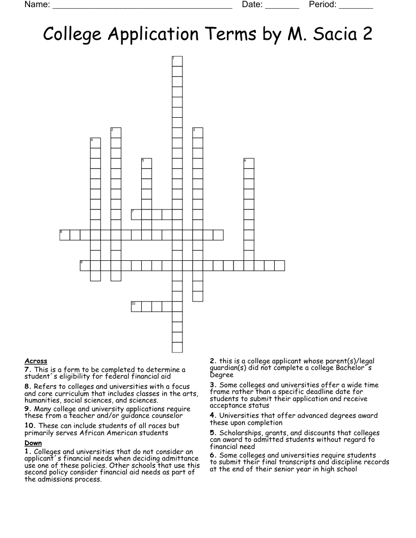 College Application Terms by M. Sacia 2 Crossword