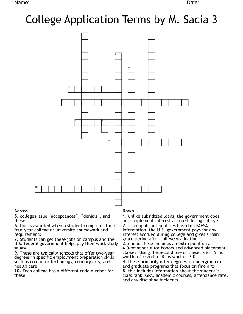 College Application Terms by M. Sacia 3 Crossword