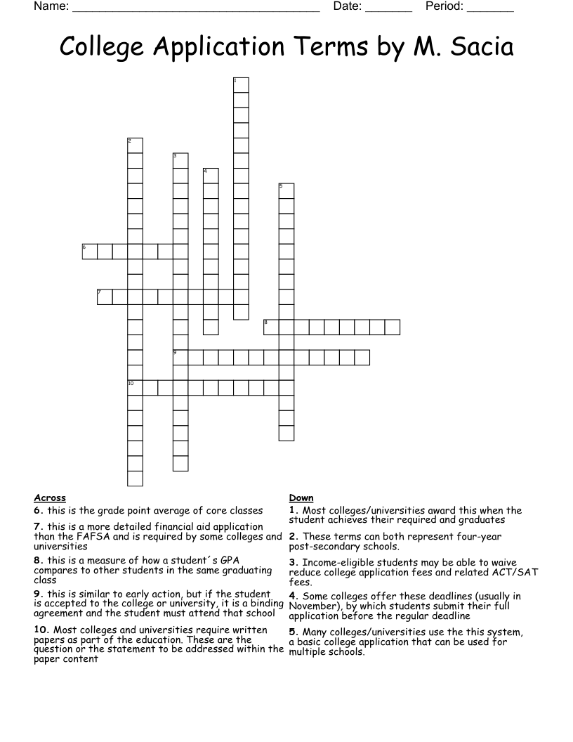 College Application Terms by M. Sacia Crossword
