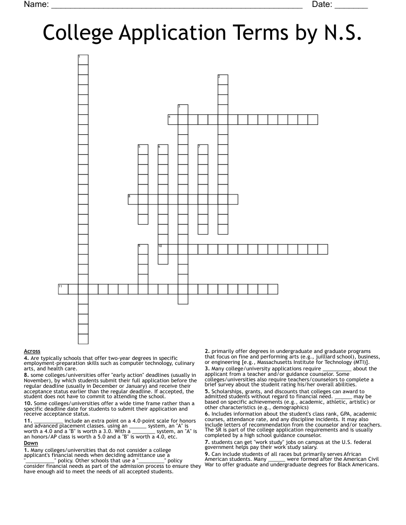 College Application Terms by N.S. Crossword