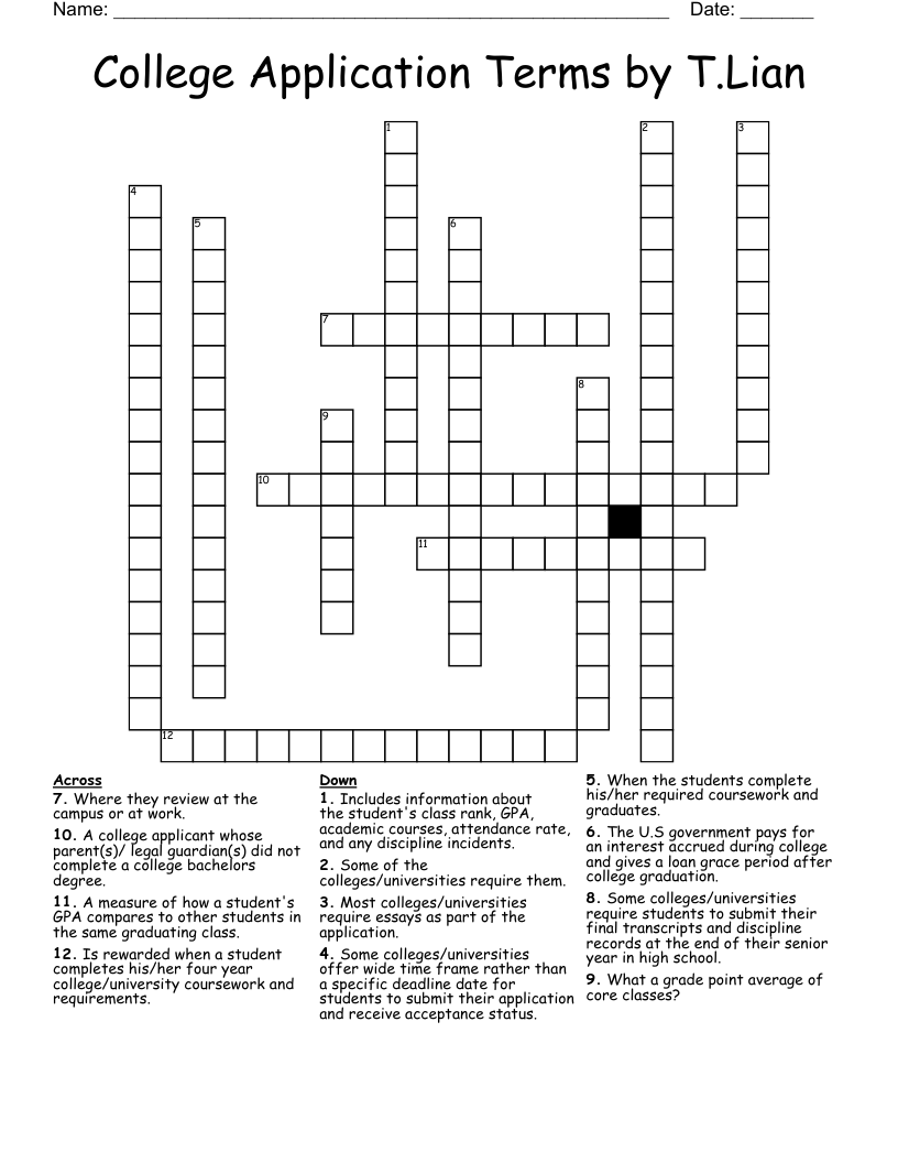 College Application Terms by T.Lian Crossword