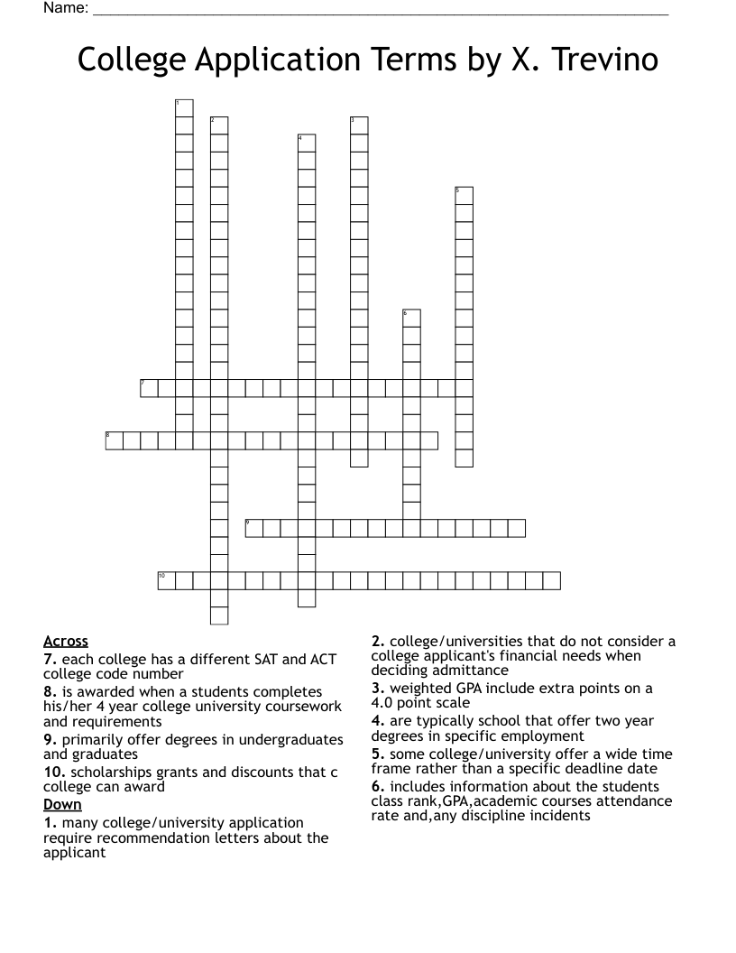 College Application Terms by X. Trevino Crossword