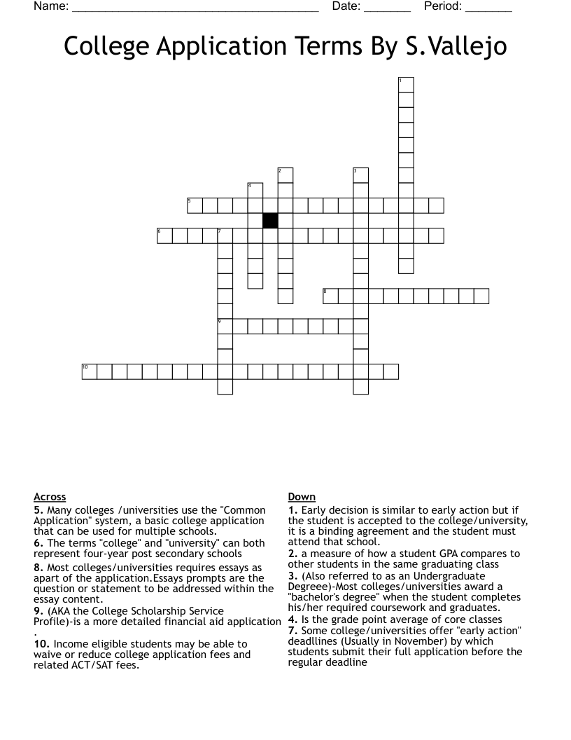 College Application  Terms By S.Vallejo Crossword