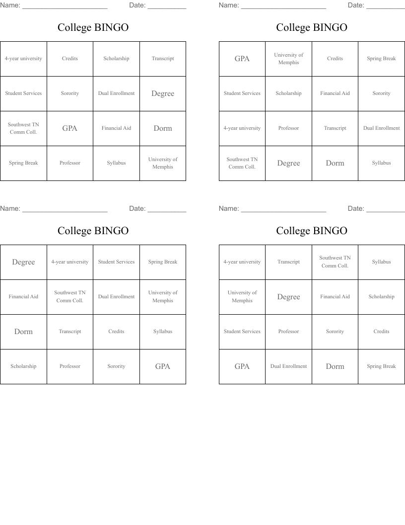 College BINGO 