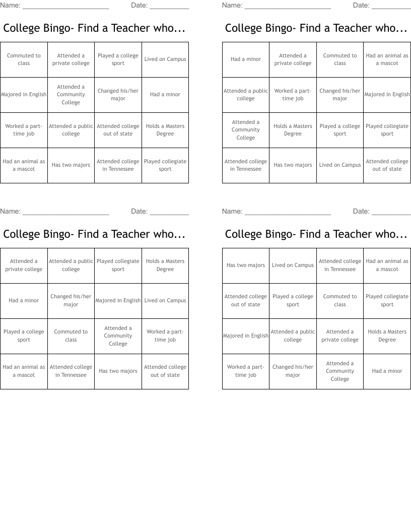 College Bingo- Find a Teacher who...
