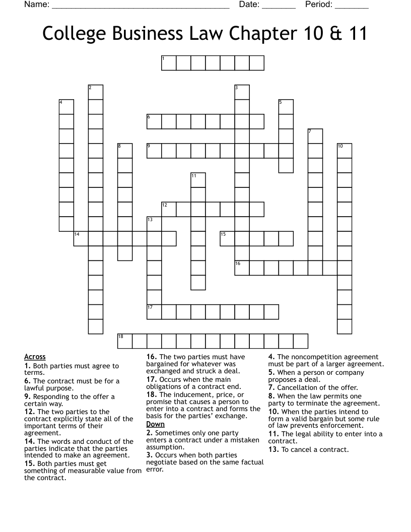 College Business Law Chapter 10 & 11 Crossword