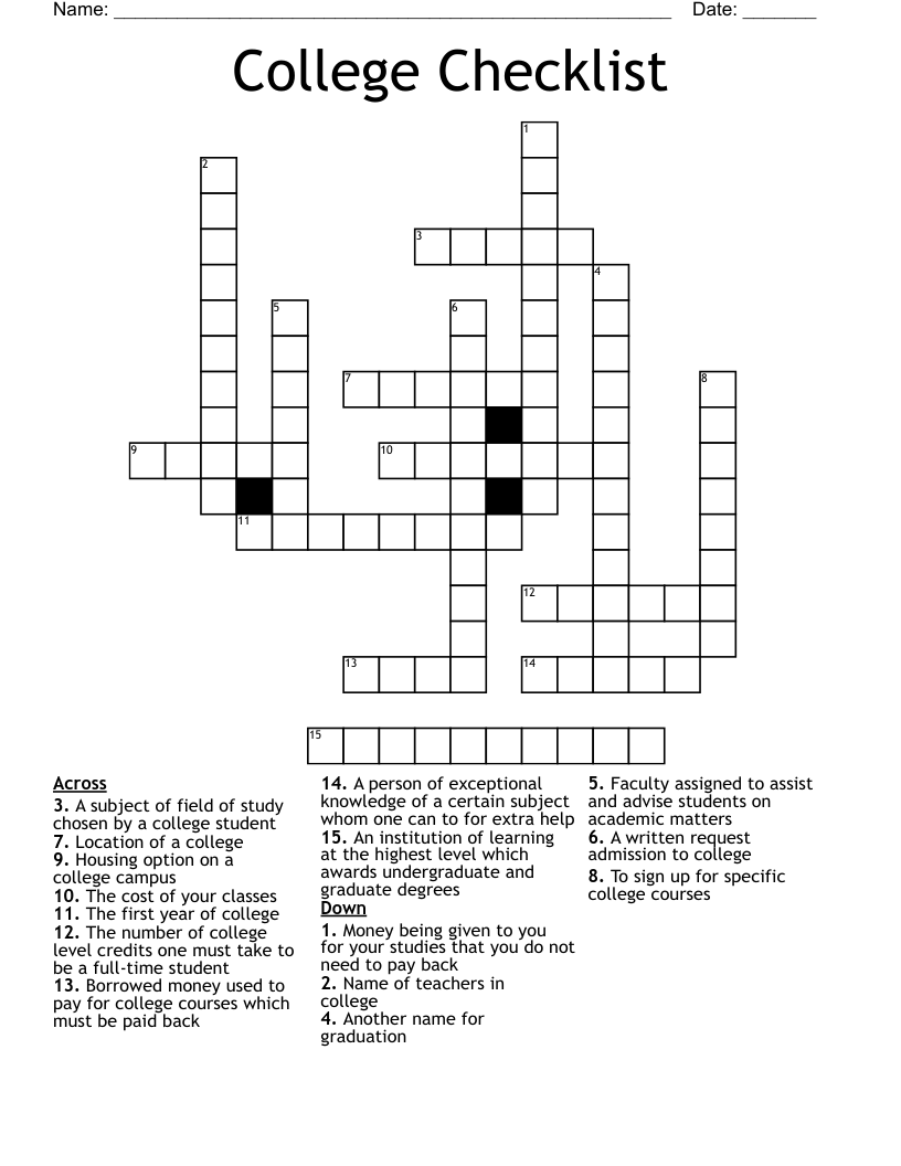 College Checklist Crossword