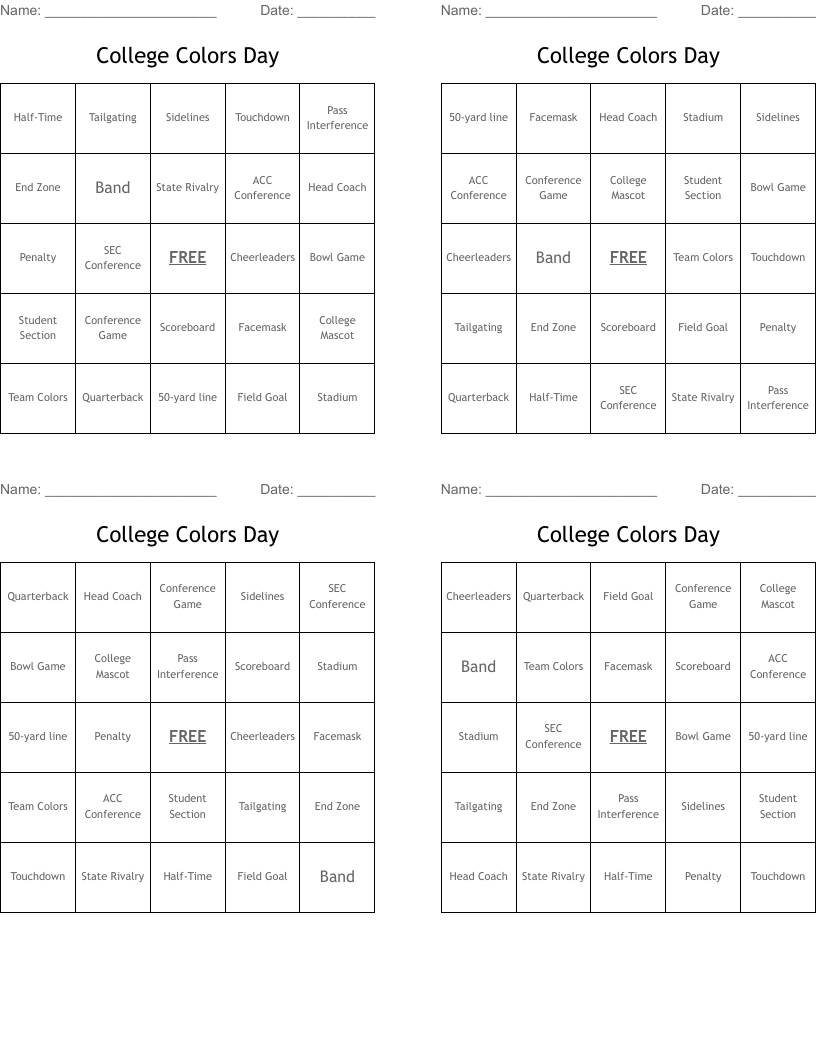 College Colors Day Bingo Cards