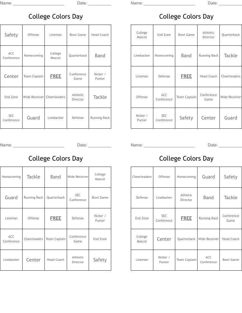 College Colors Day Bingo Cards