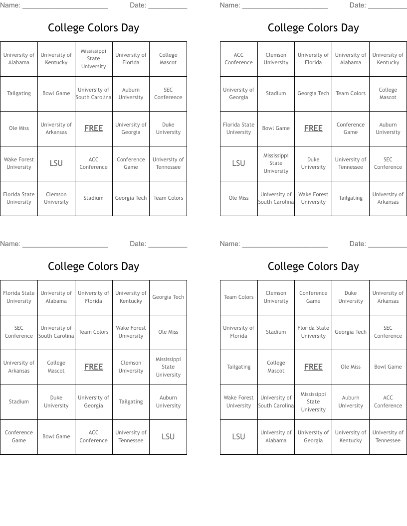 College Colors Day Bingo Cards
