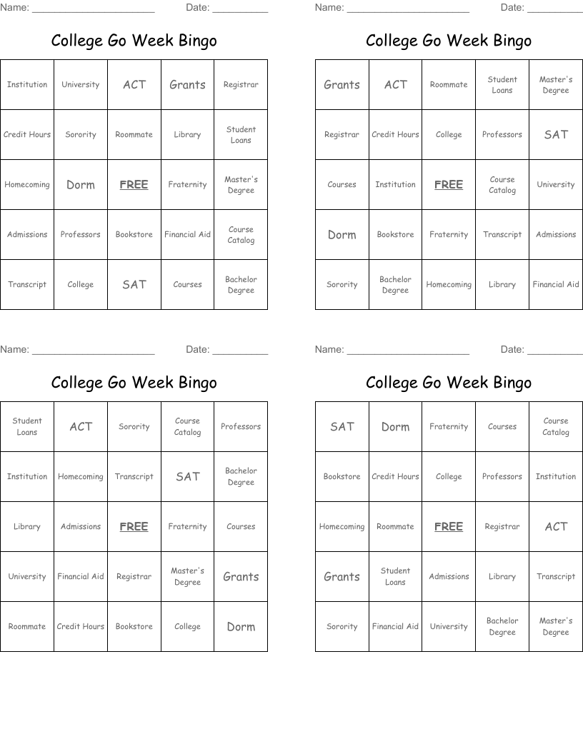 College Go Week Bingo