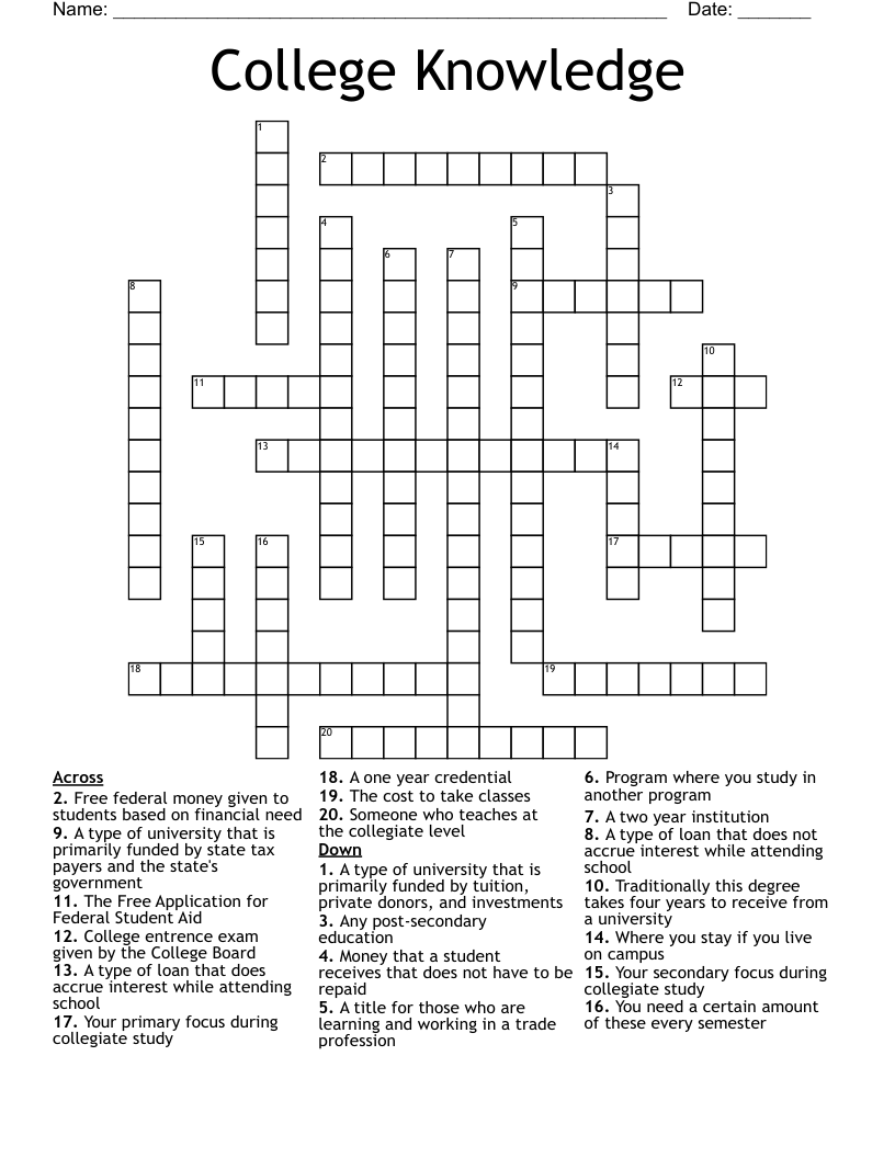 College Knowledge Crossword