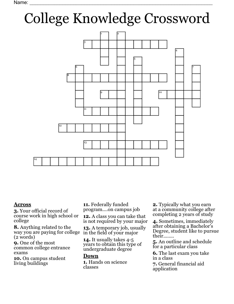 College Knowledge Crossword
