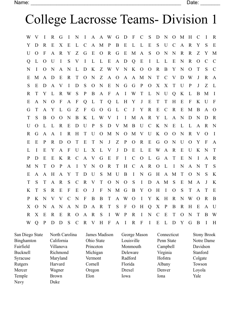 College Lacrosse Teams- Division 1 Word Search