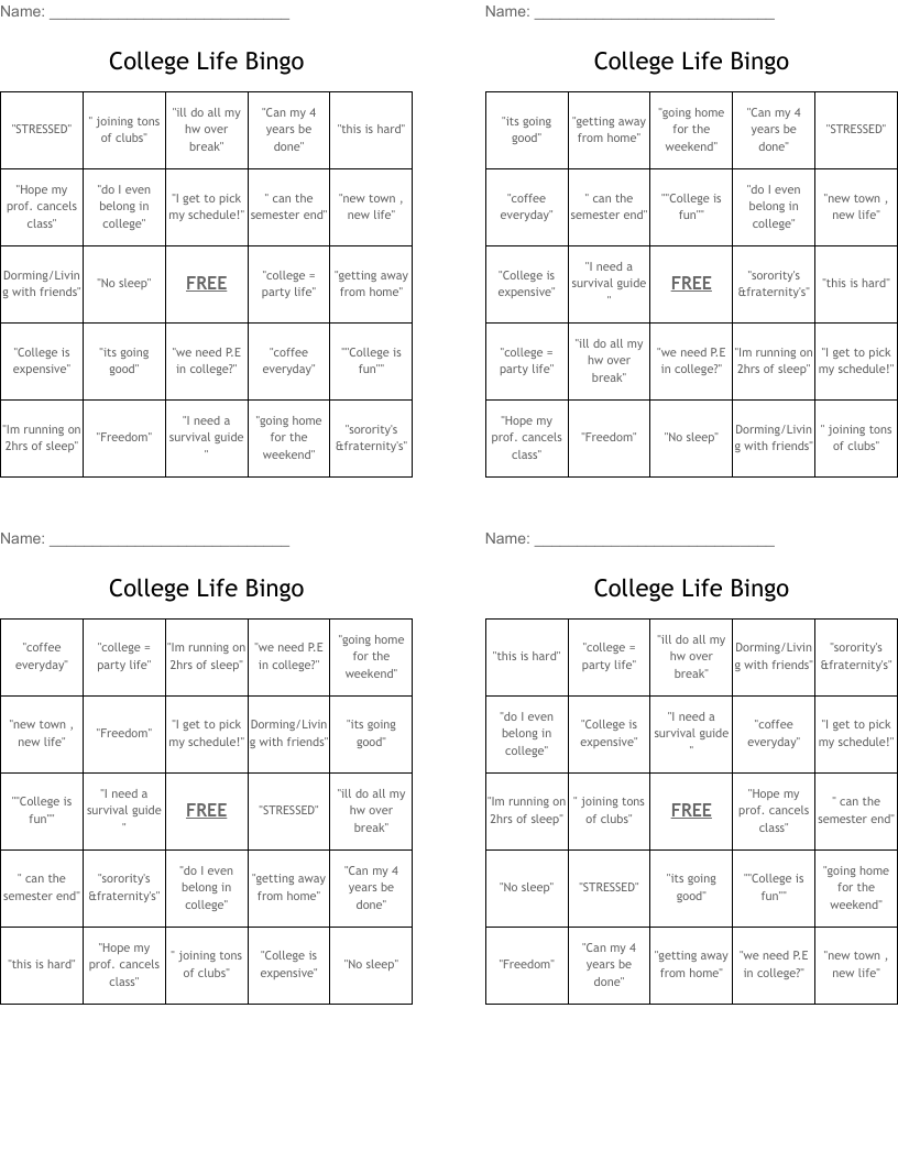 College Life Bingo