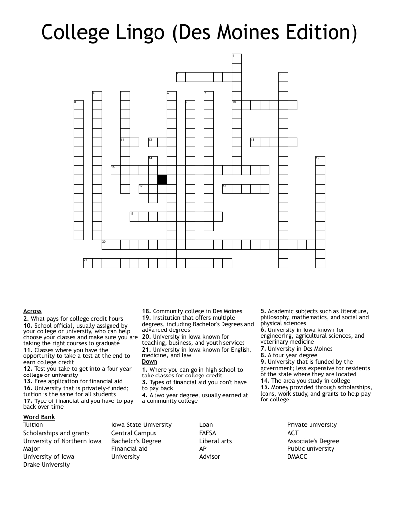 College Lingo (Des Moines Edition) Crossword