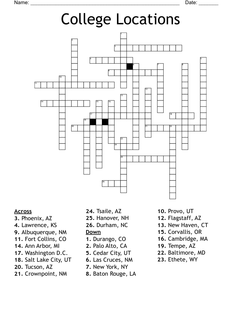 College Locations Crossword