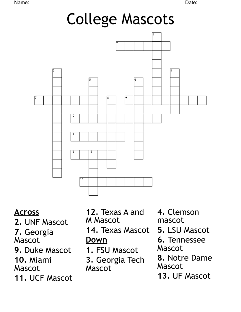 College Mascots Crossword