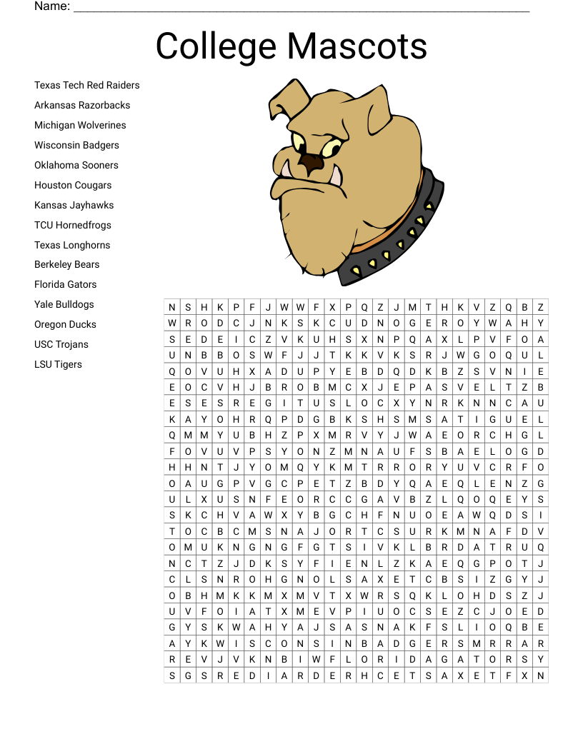 College Mascots Word Search