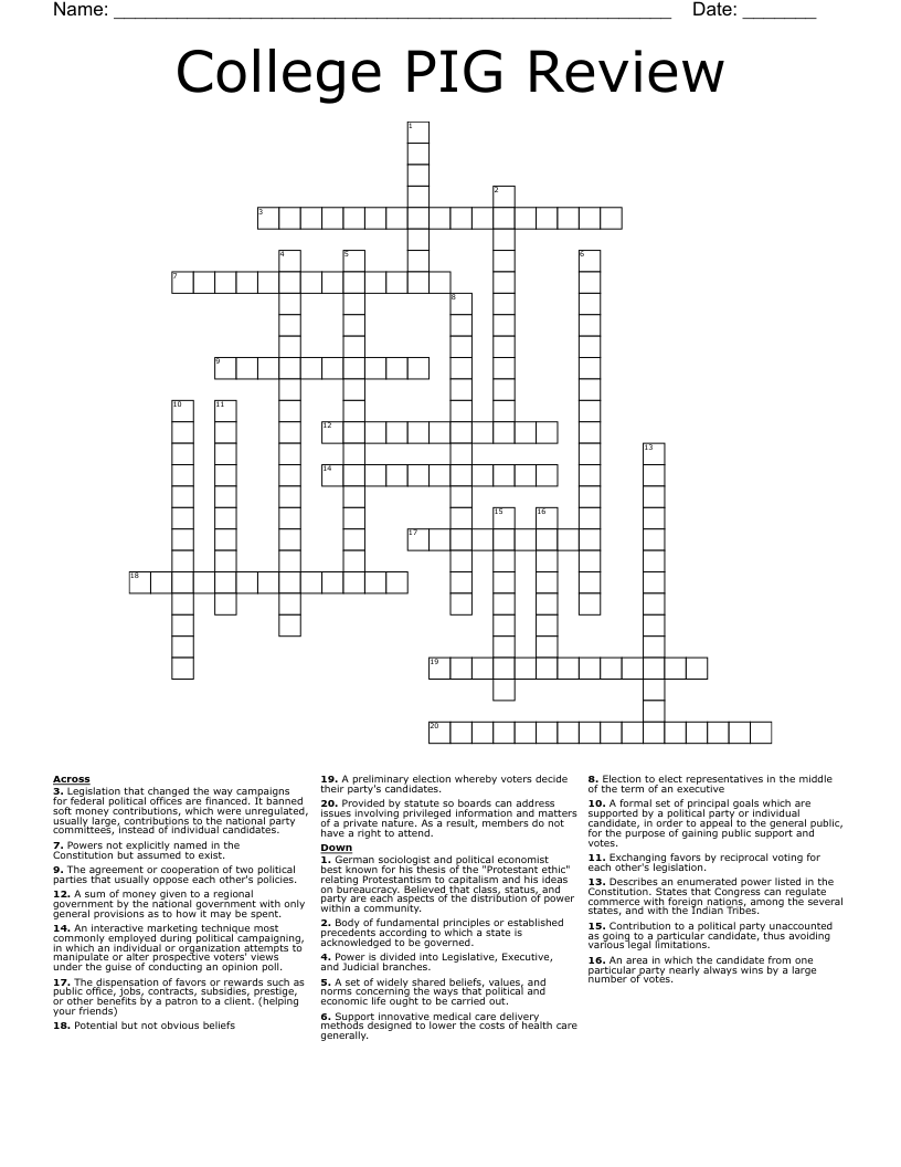College PIG Review Crossword