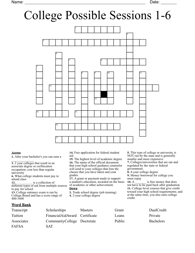 College Possible Sessions 1-6 Crossword