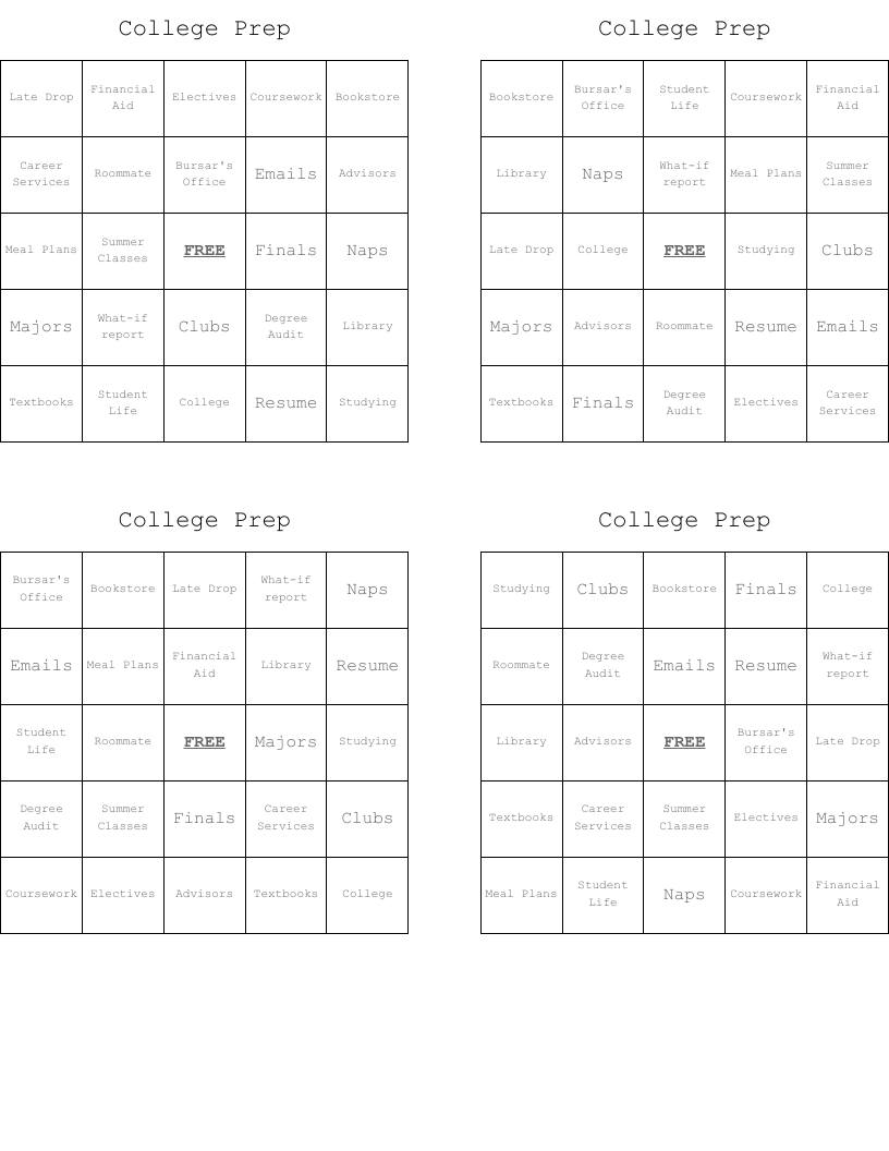 College Prep Bingo Cards