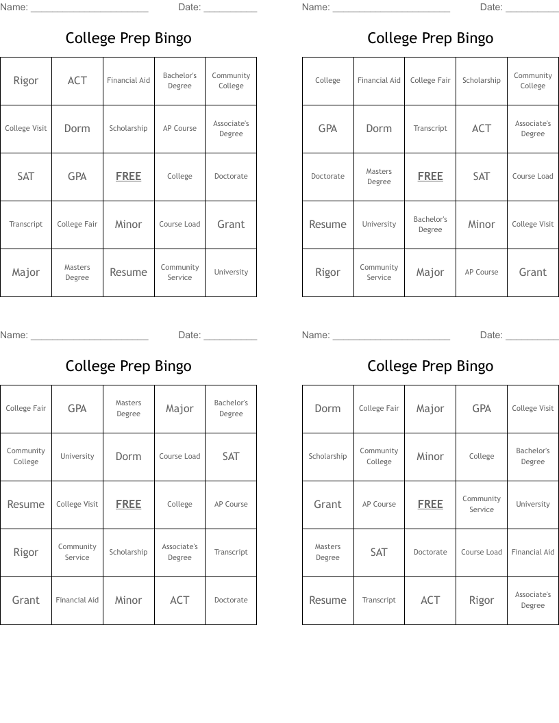 College Prep Bingo