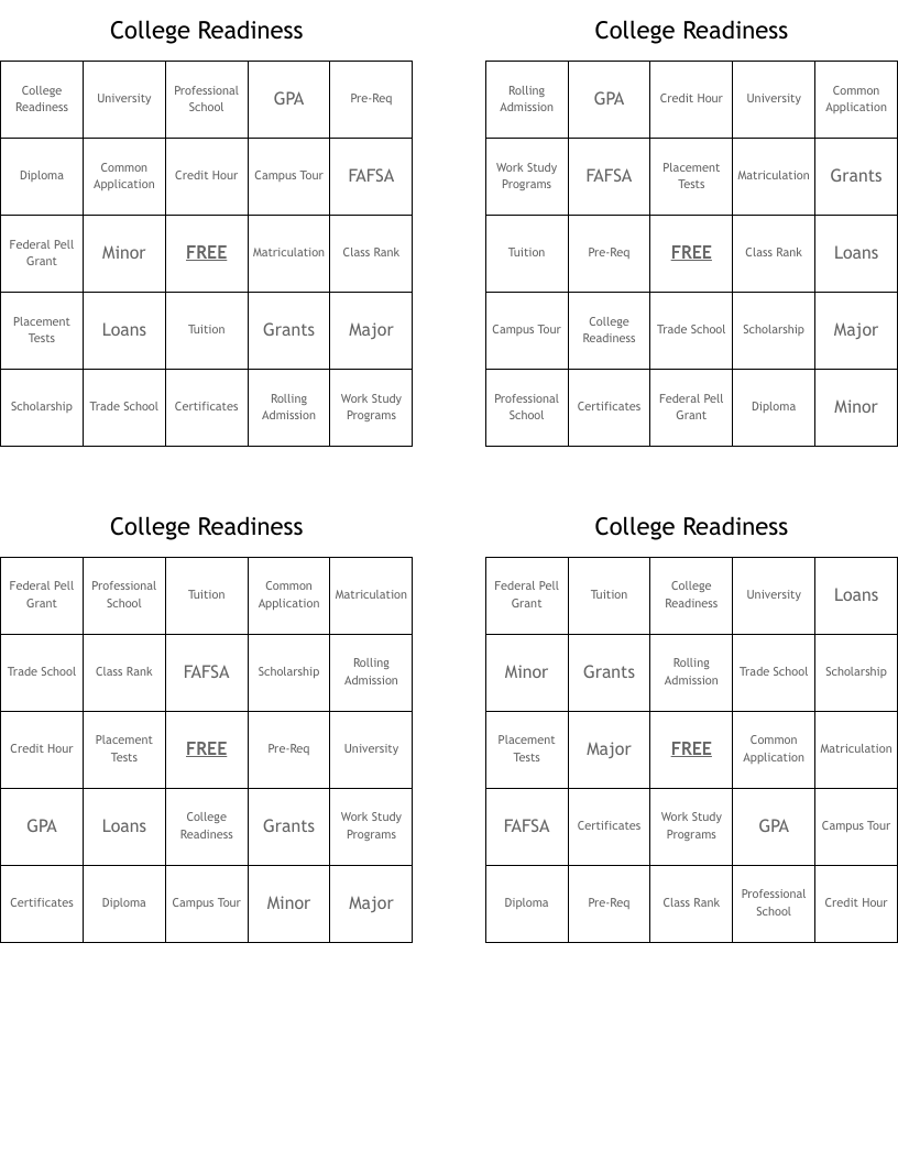 College Readiness Bingo Cards