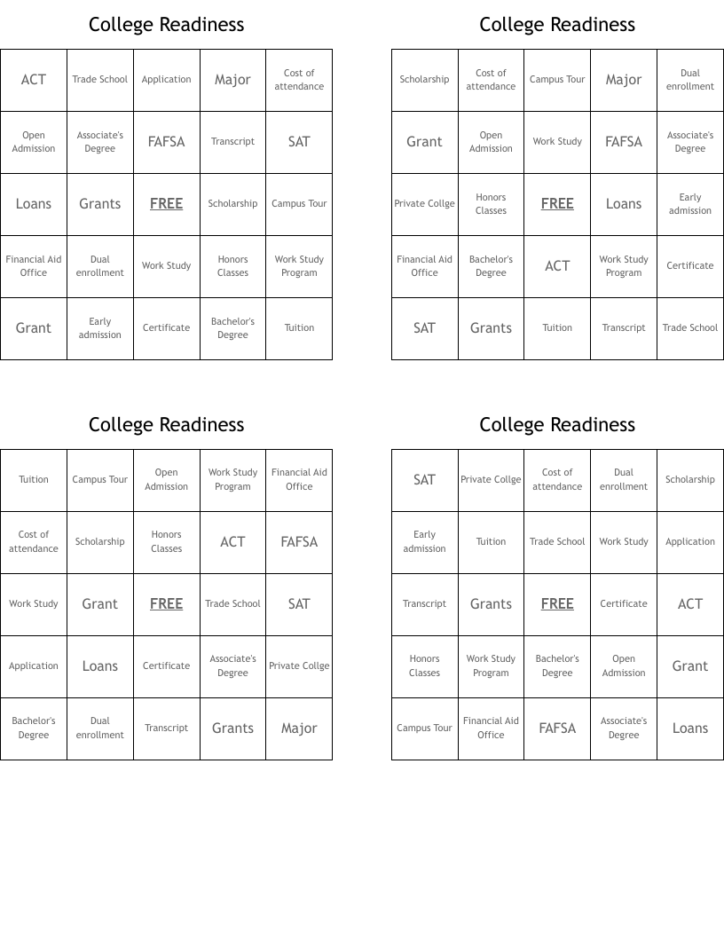 College Readiness Bingo Cards