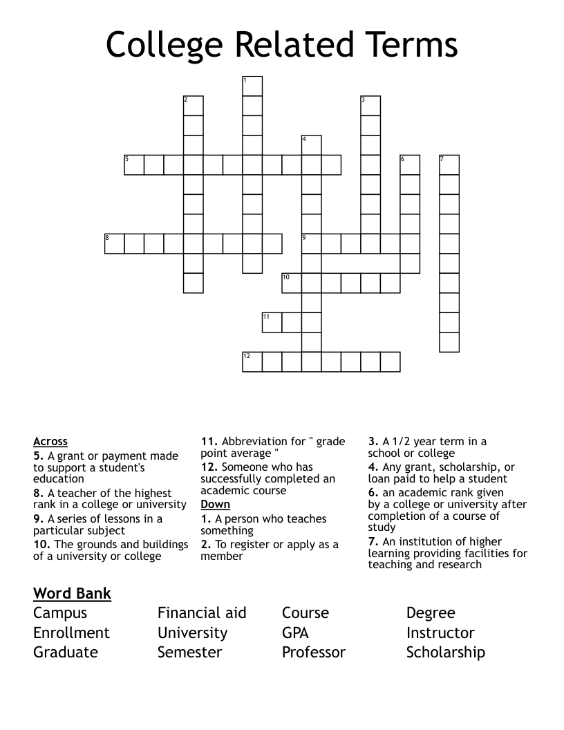 College Related Terms  Crossword